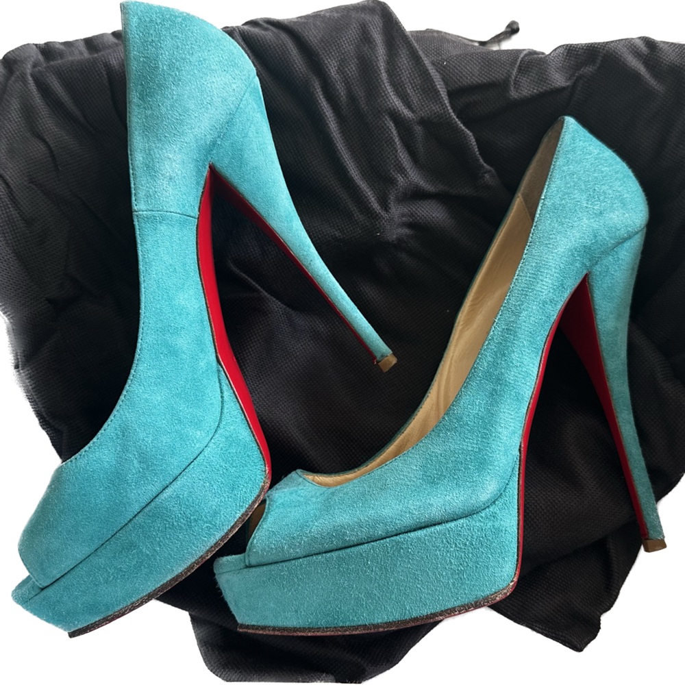 Christian Louboutin Turquoise Suede Platform Pumps with Red Soles